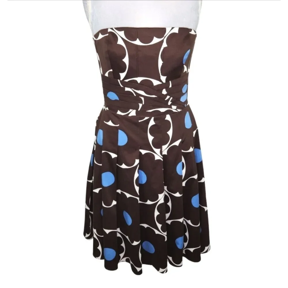 VTG Kay Unger Brown & Blue Polka Dot Strapless Fit & Flare Pleated Hem Dress 12 - Picture 2 of 15